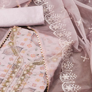 Light Pink Floral Embroidered With Handwork Organza Dress Material