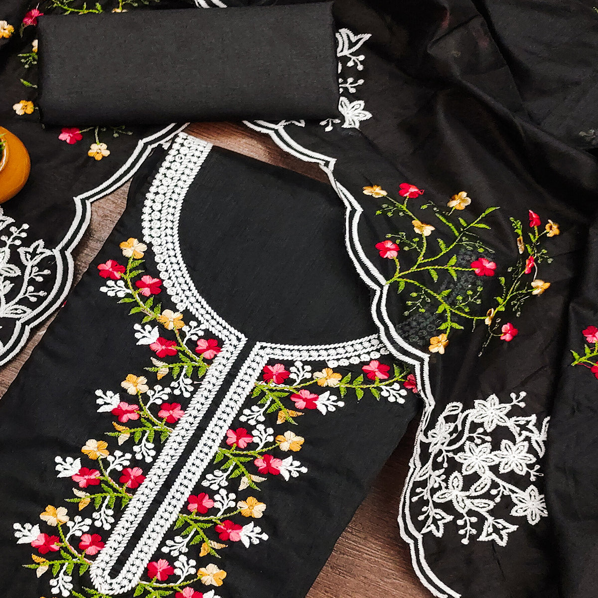 Black Floral Embroidered Chanderi Cotton Dress Material