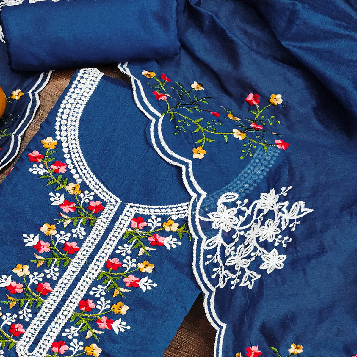 Blue Floral Embroidered Chanderi Cotton Dress Material