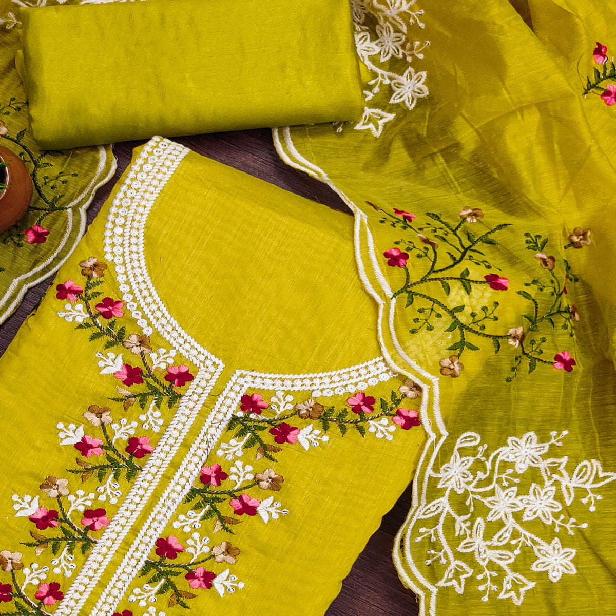 Lemon Green Floral Embroidered Chanderi Cotton Dress Material