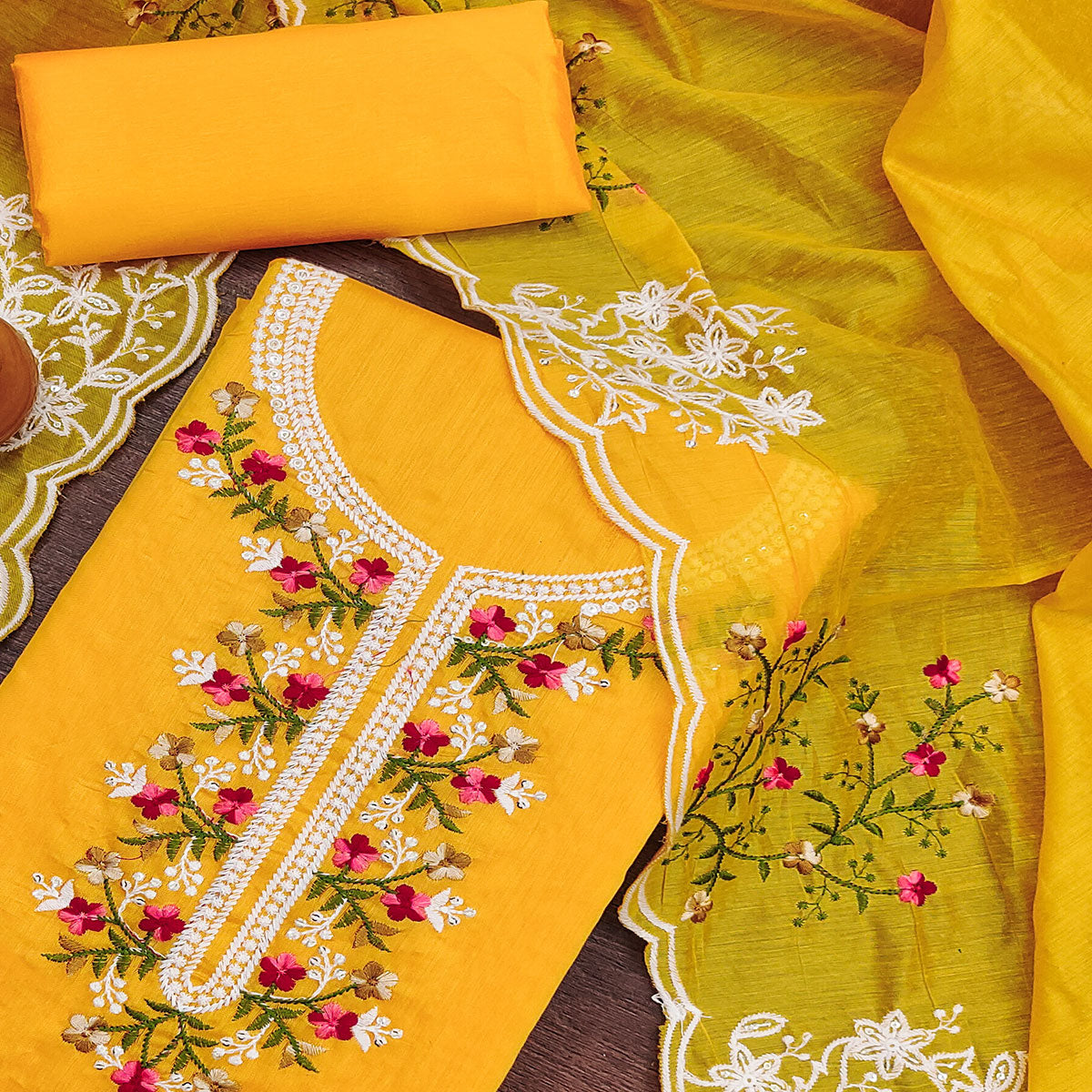 Mustard Floral Embroidered Chanderi Cotton Dress Material