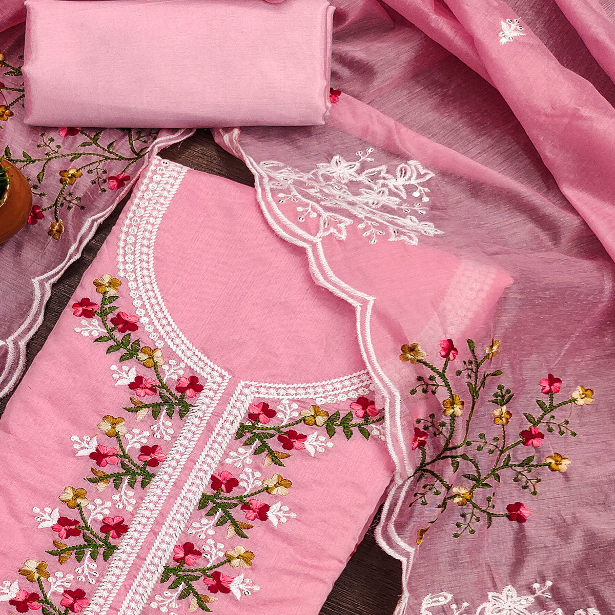 Pink Floral Embroidered Chanderi Cotton Dress Material