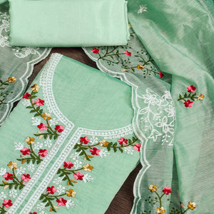 Sea Green Floral Embroidered Chanderi Cotton Dress Material