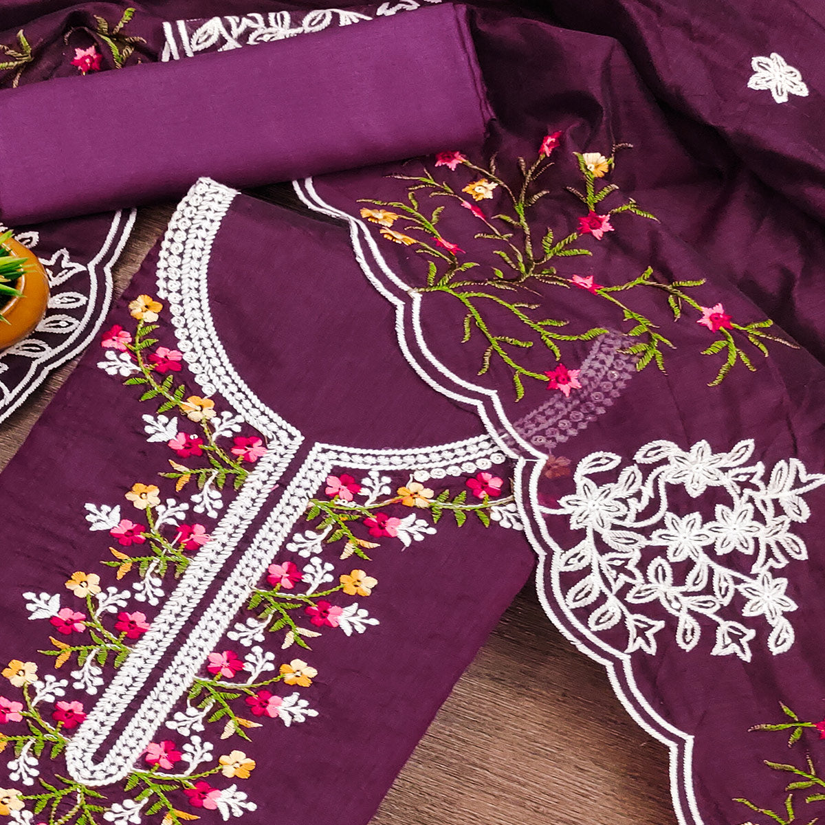 Wine Floral Embroidered Chanderi Cotton Dress Material