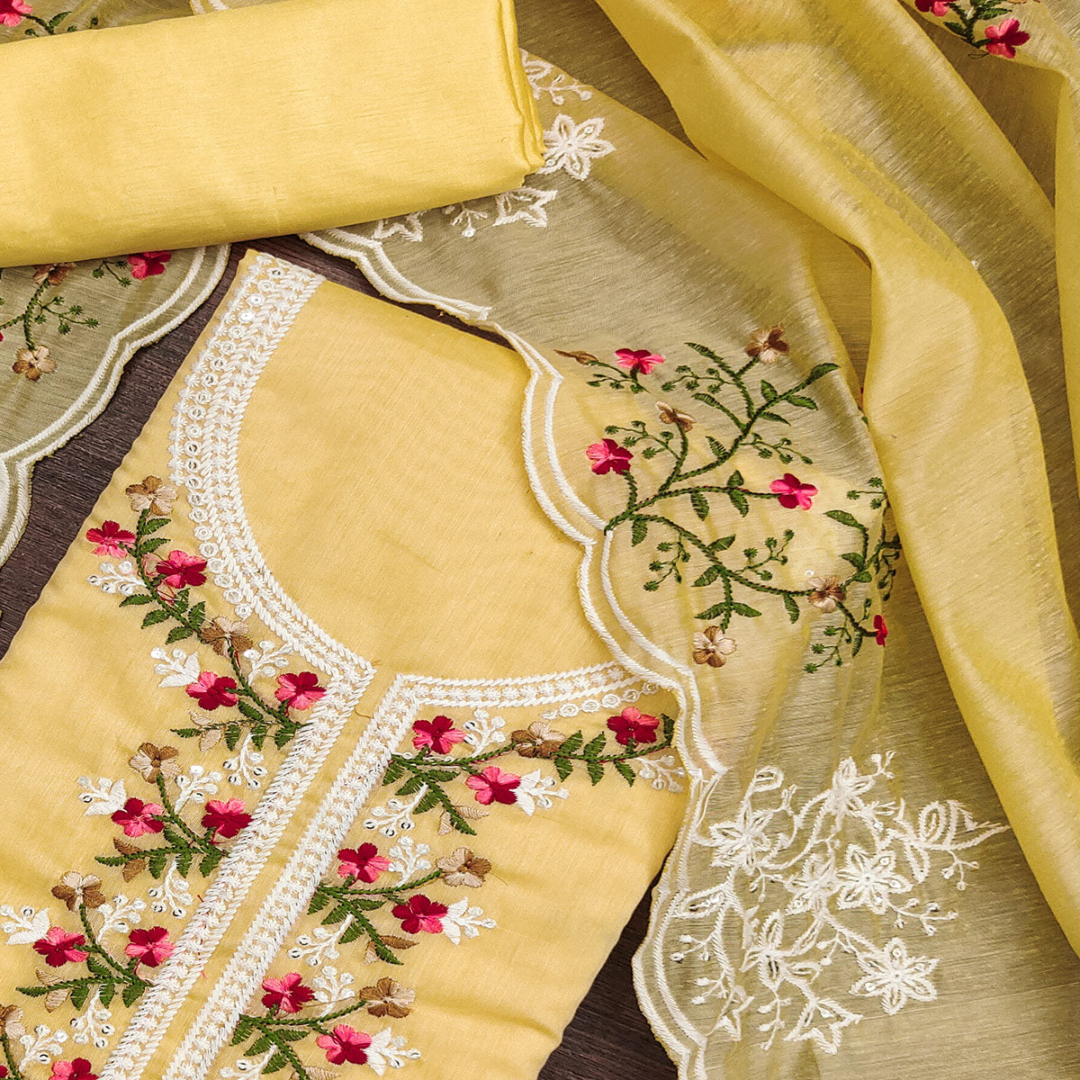 Yellow Floral Embroidered Chanderi Cotton Dress Material