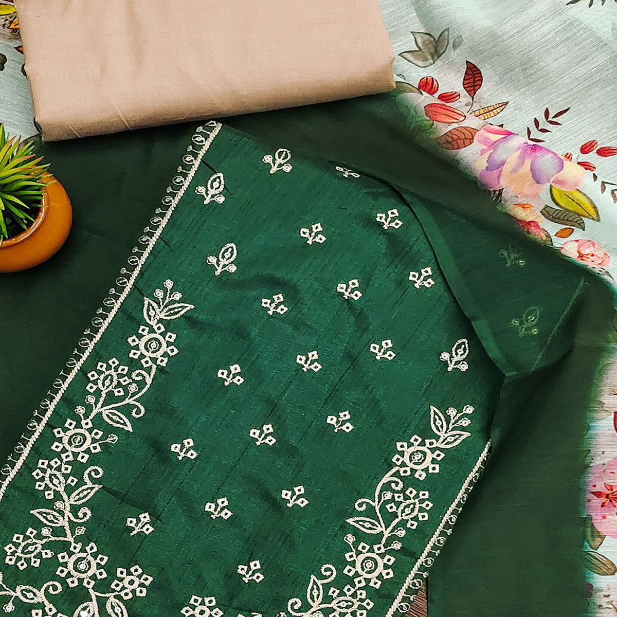 Green Floral Sequins Embroidered Cotton Blend Dress Material