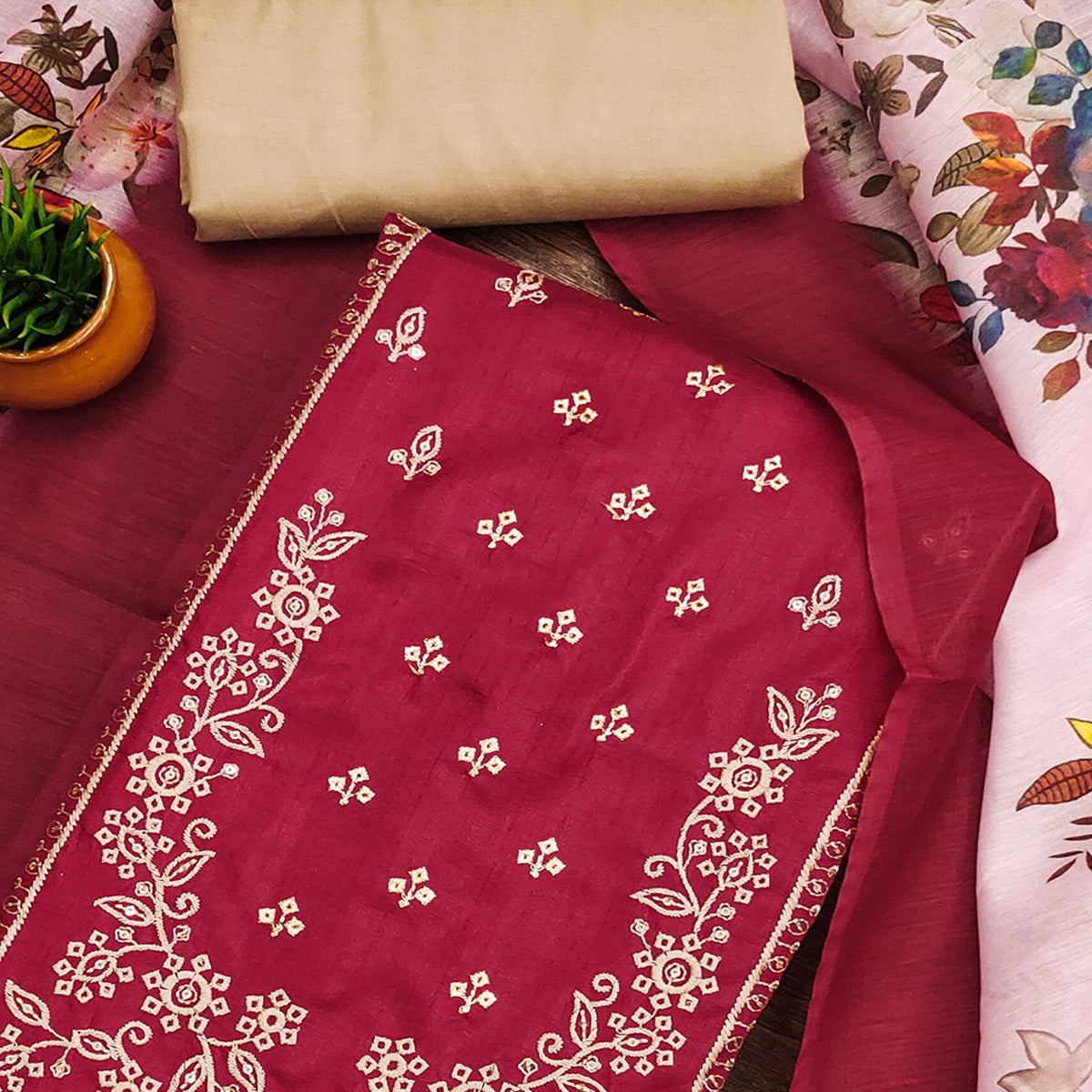 Maroon Floral Sequins Embroidered Cotton Blend Dress Material