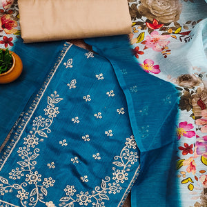 Morpich Blue Floral Sequins Embroidered Cotton Blend Dress Material