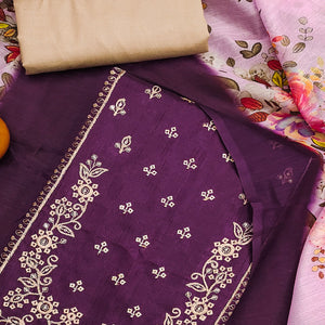 Wine Floral Sequins Embroidered Cotton Blend Dress Material