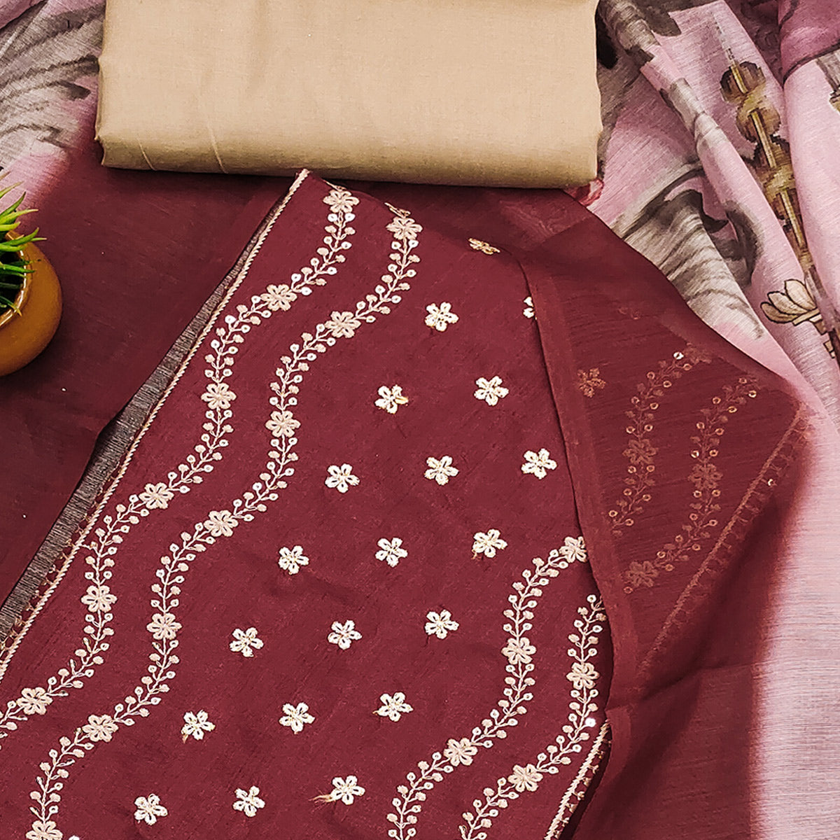 Maroon Floral Sequins Embroidered Cotton Blend Dress Material