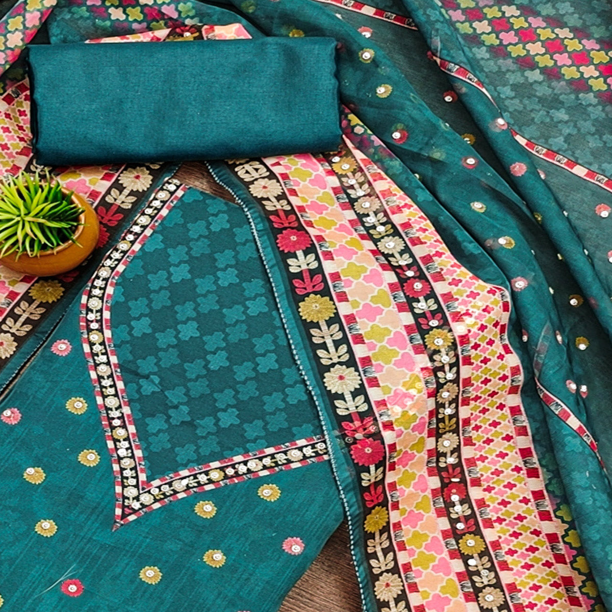 Teal Floral Digital Printed With Diamond Work Organza Dress Material