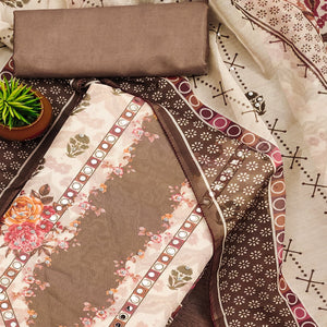 Brown Floral Digital Print With Diamond & Mirror Work Organza Dress Material