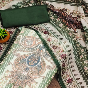 Mehendi Green Floral Digital Printed With Diamond Work Organza Dress Material