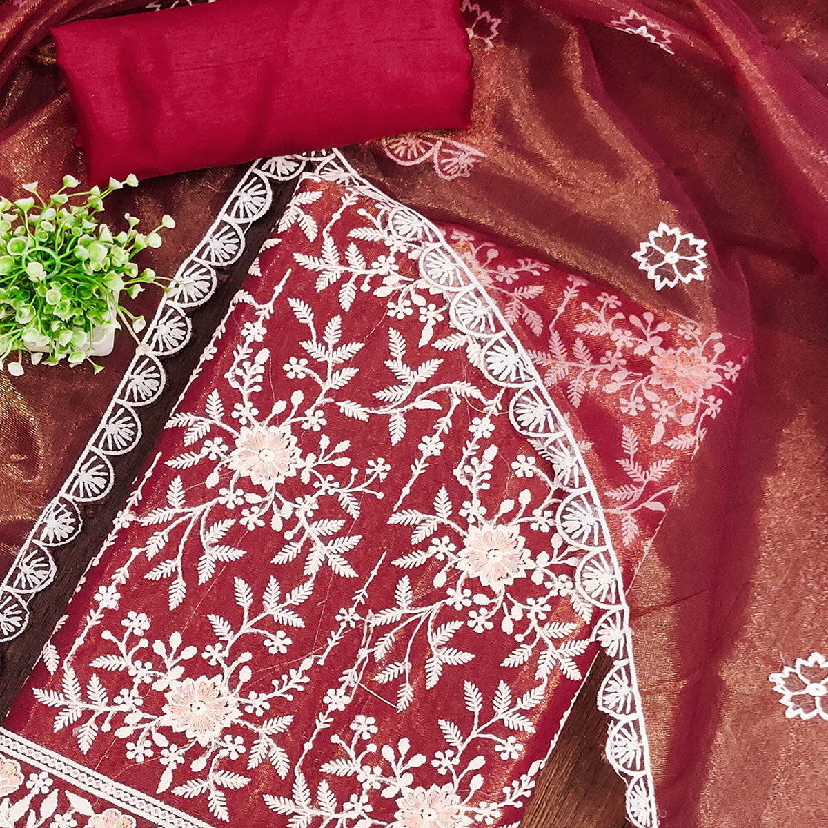 Sophisticated Maroon Organza Dress Material Adorned with Intricate Floral Embroidery