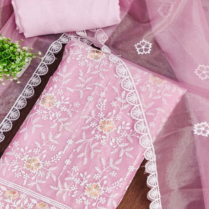 Elegant Pink Organza Dress Material Adorned with Intricate Floral Embroidery