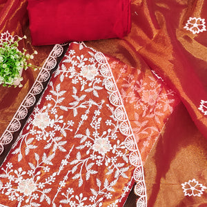 Stunning Rust Dress Material Adorned with Intricate Floral Embroidery