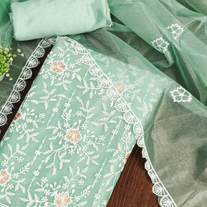 Refreshing Sea Green Organza Dress Material Adorned with Intricate Floral Embroidery