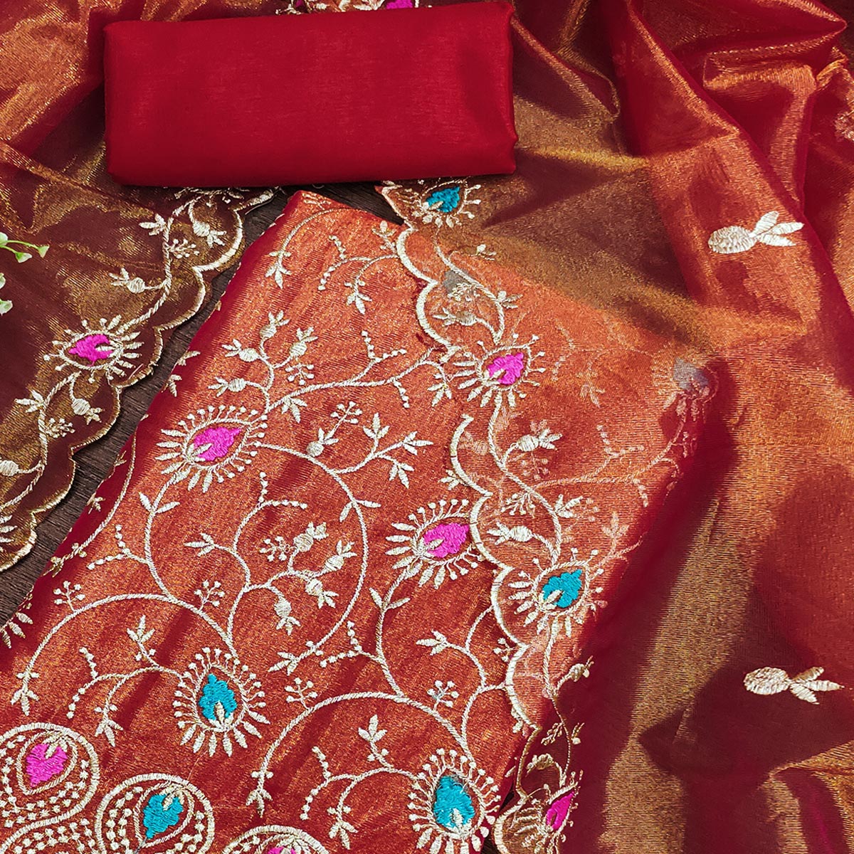 Elegant Rust Organza Dress Material with Exquisite Floral Thread & Zari Embroidery
