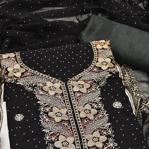 Black Georgette Dress Material With Luxurious Floral Zari Embroidery & Stonework