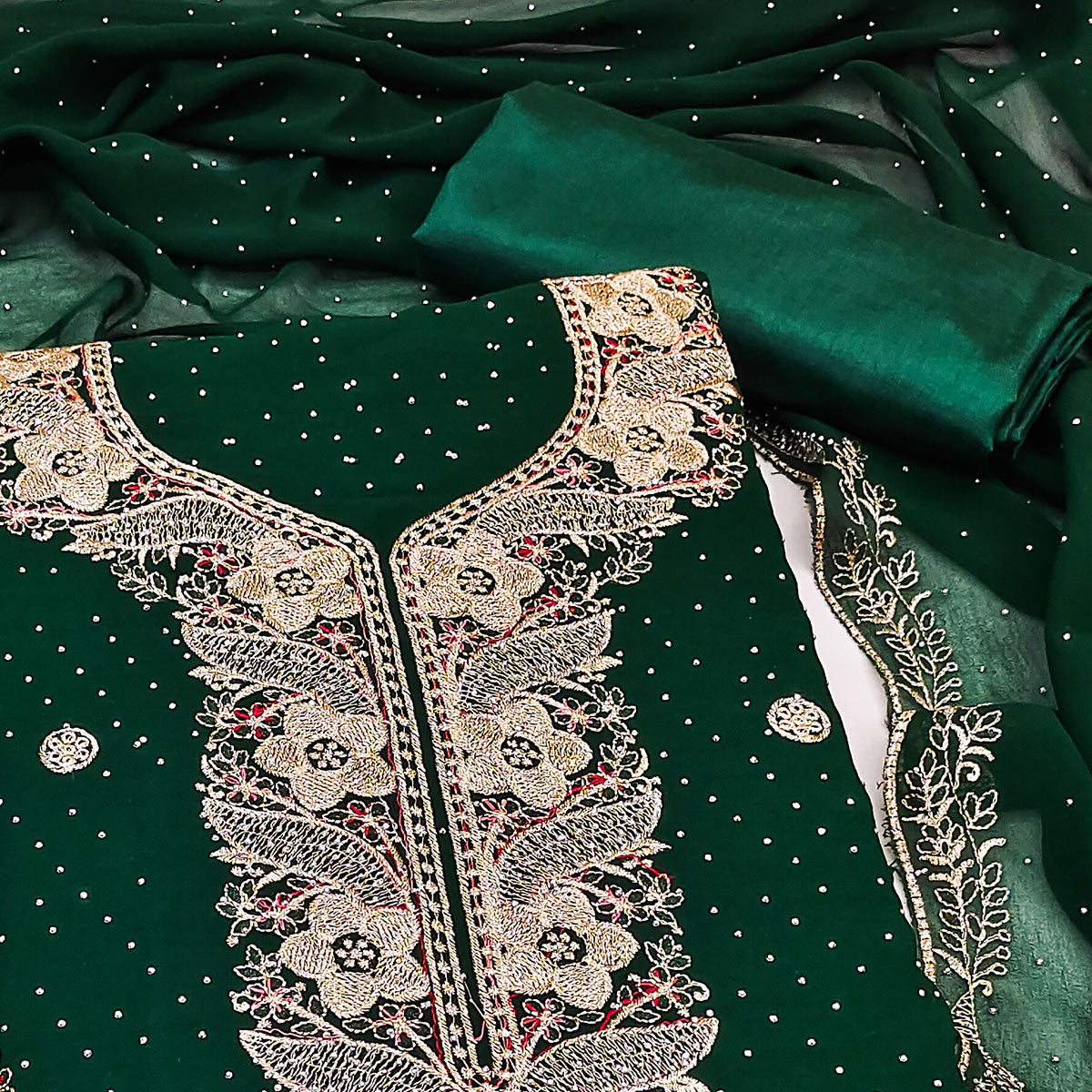 Green Georgette Dress Material With Luxurious Floral Zari Embroidery & Stonework