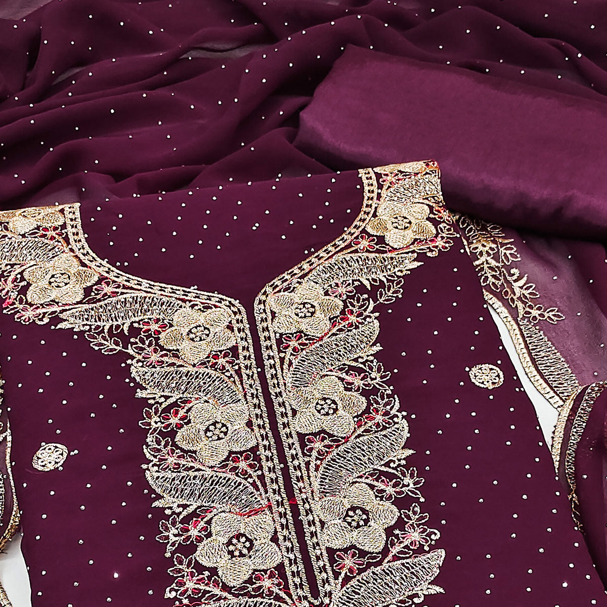 Wine Georgette Dress Material With Luxurious Floral Zari Embroidery & Stonework