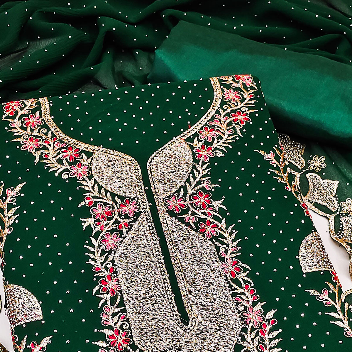 Green Georgette Dress Material With Exquisite Floral Embroidery And Stonework