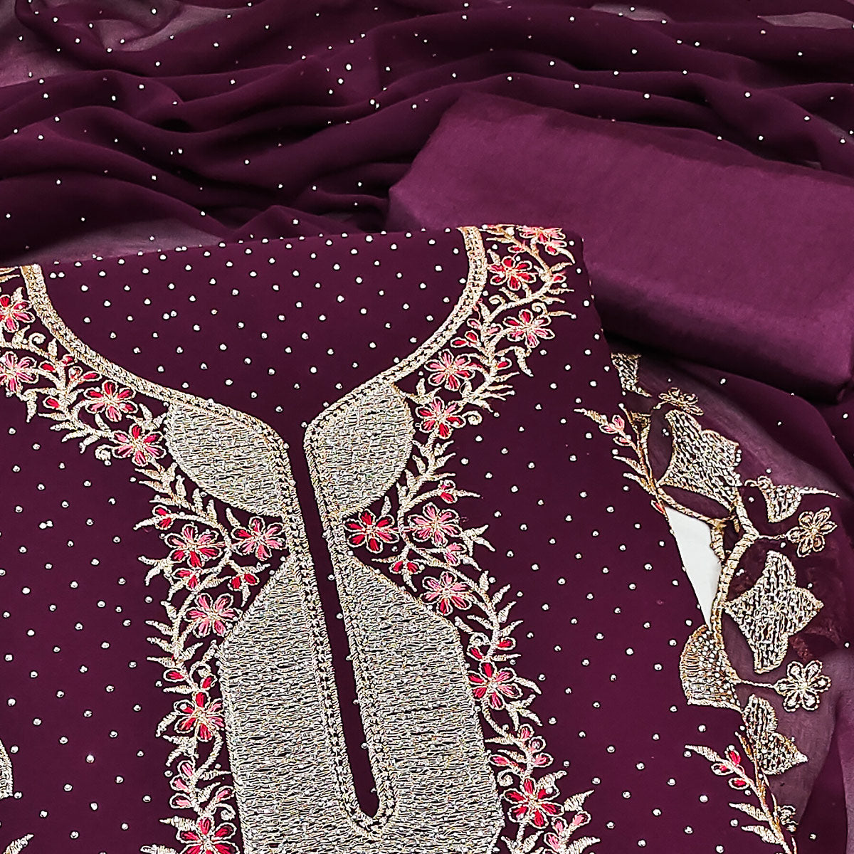 Wine Georgette Dress Material With Exquisite Floral Embroidery And Stonework