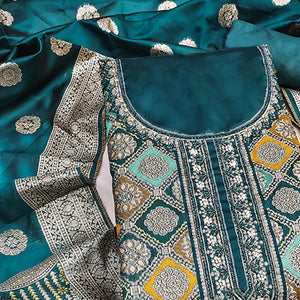 Dark Teal Unstitched Dress Material in Zari Woven Jacquard
