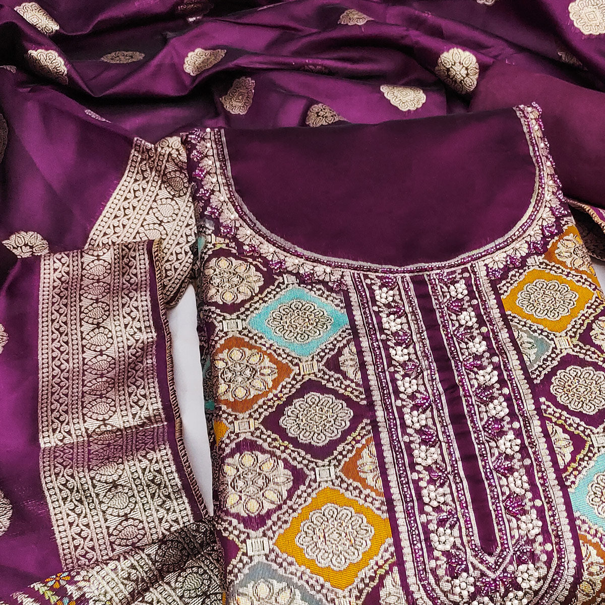 Wine Unstitched Dress Material in Zari Woven Jacquard