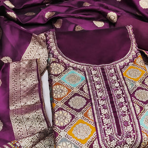 Wine Unstitched Dress Material in Zari Woven Jacquard