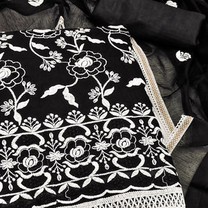 Black Embroidered Chanderi Cotton Suit Fabric with Floral Detailing