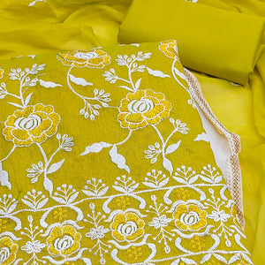 Bright Yellow Embroidered Chanderi Cotton Suit Fabric with Floral Detailing