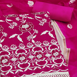 Dark Pink Embroidered Chanderi Cotton Suit Fabric with Floral Detailing