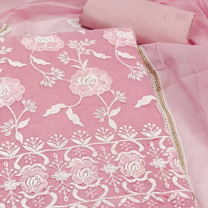 Pink Embroidered Chanderi Cotton Suit Fabric with Floral Detailing