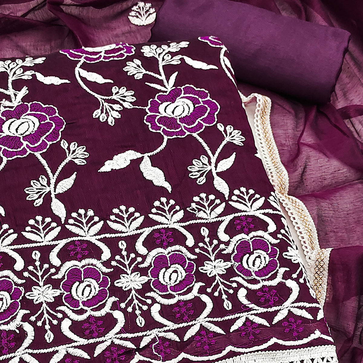 Wine Embroidered Chanderi Cotton Suit Fabric with Floral Detailing