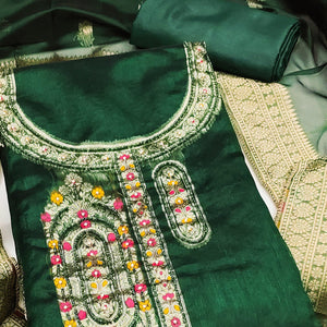 Festive Green Unstitched Dress Material in Zari Weaving Jacquard