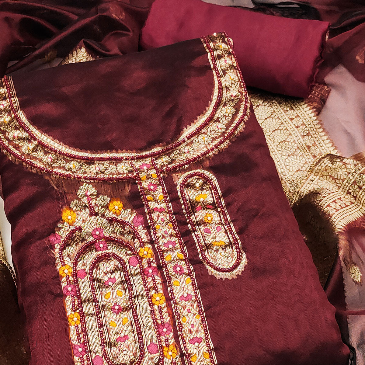 Festive Maroon Unstitched Dress Material in Zari Weaving Jacquard