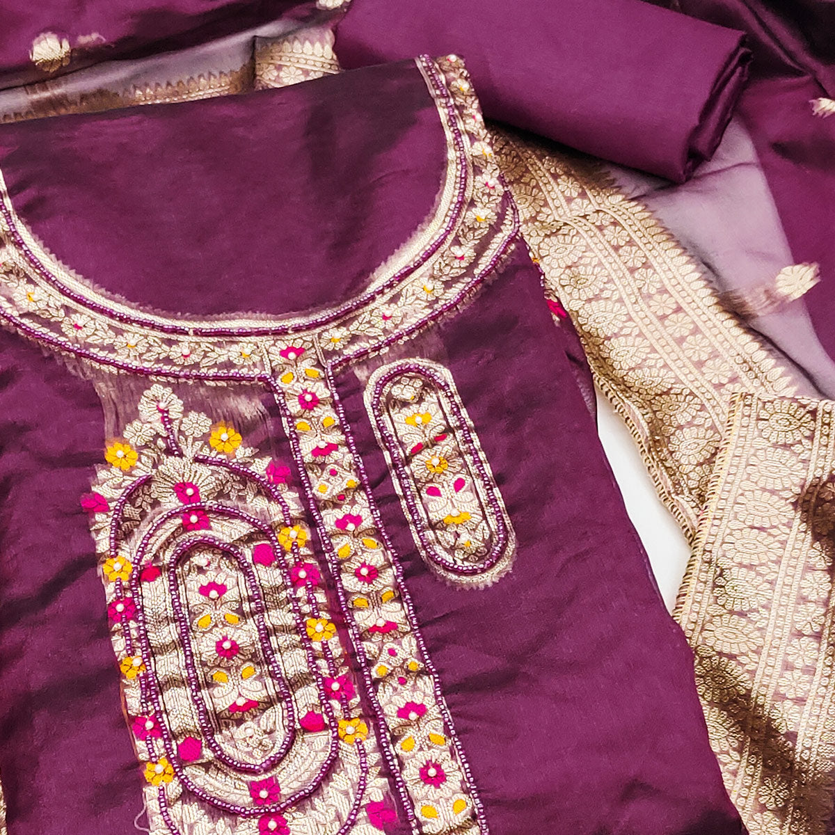 Festive Wine Unstitched Dress Material in Zari Weaving Jacquard