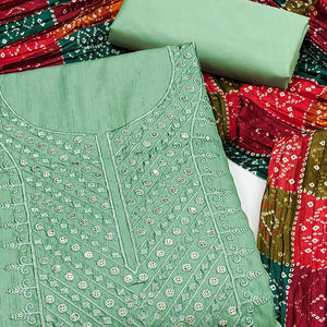 Sea Green Cotton Blend Suit Material with Soft Floral Embroidery