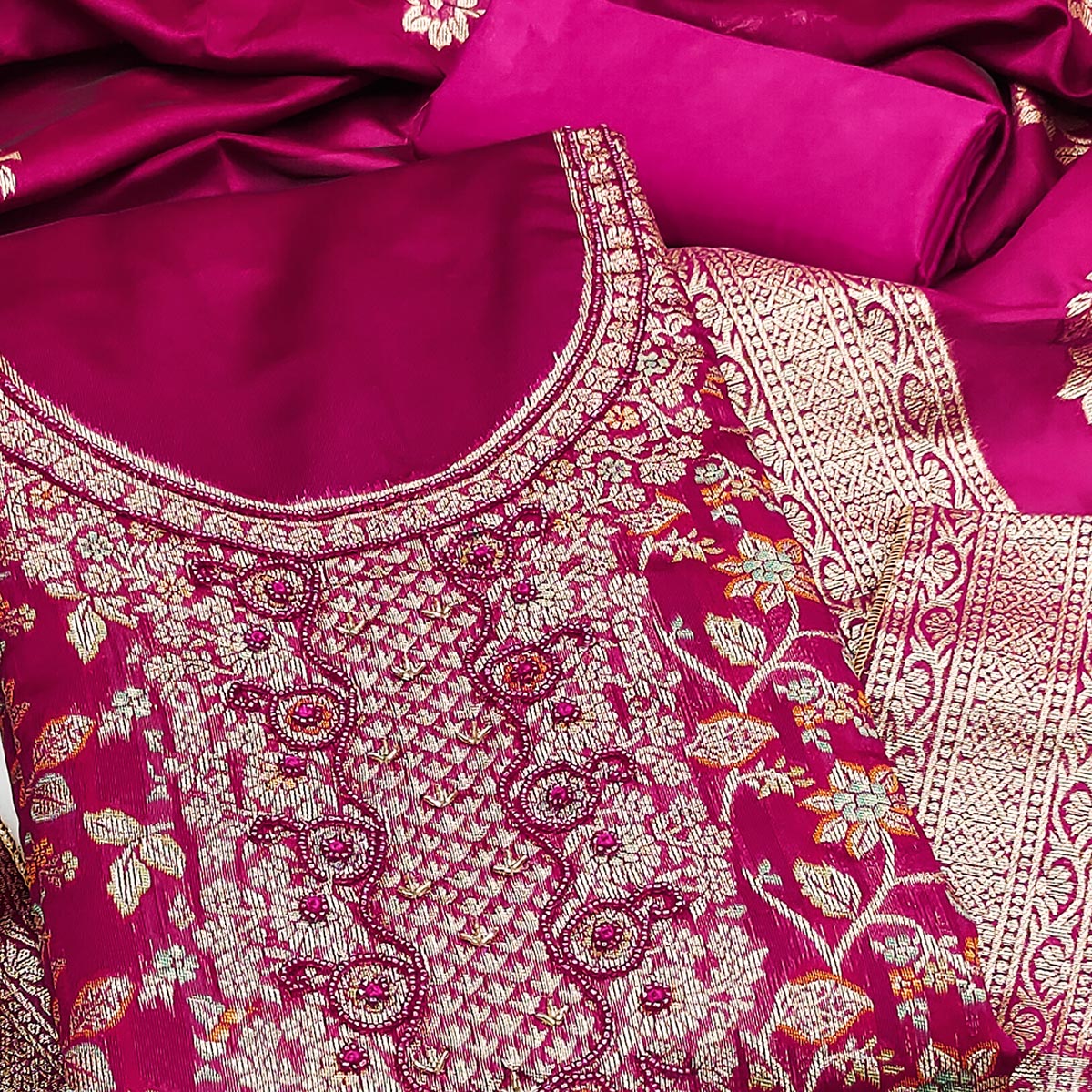 Unstitched Pink Jacquard Dress Set with Traditional Zari Weaving