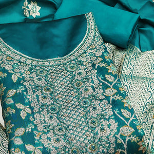 Unstitched Teal Jacquard Dress Set with Traditional Zari Weaving