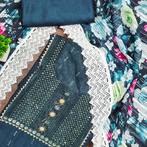 Dark Teal Cotton Blend Suit Material Enhanced with Sequins Embroidery