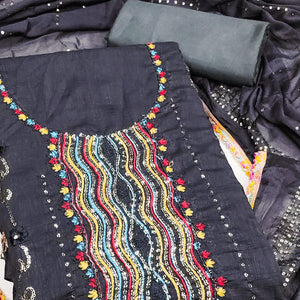 Festive Dark Grey Dress Material in Vichitra Silk with Sequin Highlights