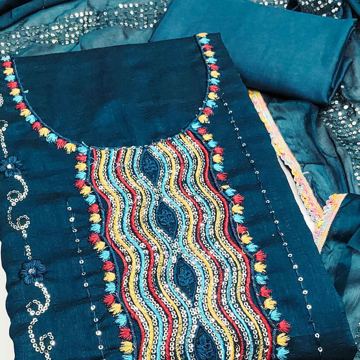 Festive Teal Dress Material in Vichitra Silk with Sequin Highlights