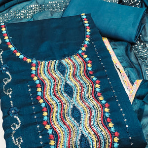 Festive Teal Dress Material in Vichitra Silk with Sequin Highlights