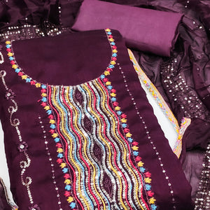 Festive Wine Dress Material in Vichitra Silk with Sequin Highlights