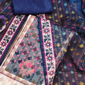 Off-White & Blue Organza Dress Material with Elegant Floral Prints