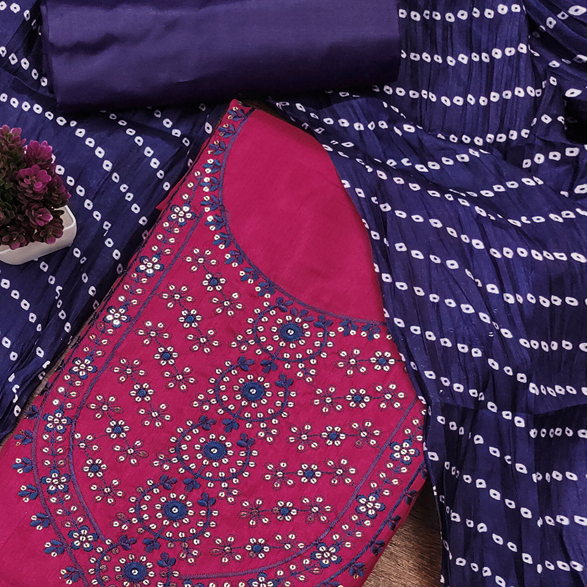 Unstitched Pink Cotton Dress Material Enhanced with Thread Embroidery