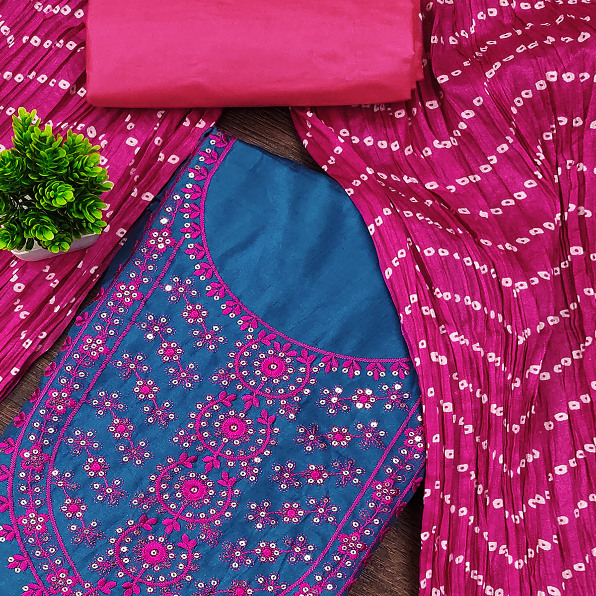 Unstitched Teal Cotton Dress Material Enhanced with Thread Embroidery