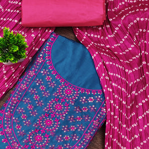 Unstitched Teal Cotton Dress Material Enhanced with Thread Embroidery